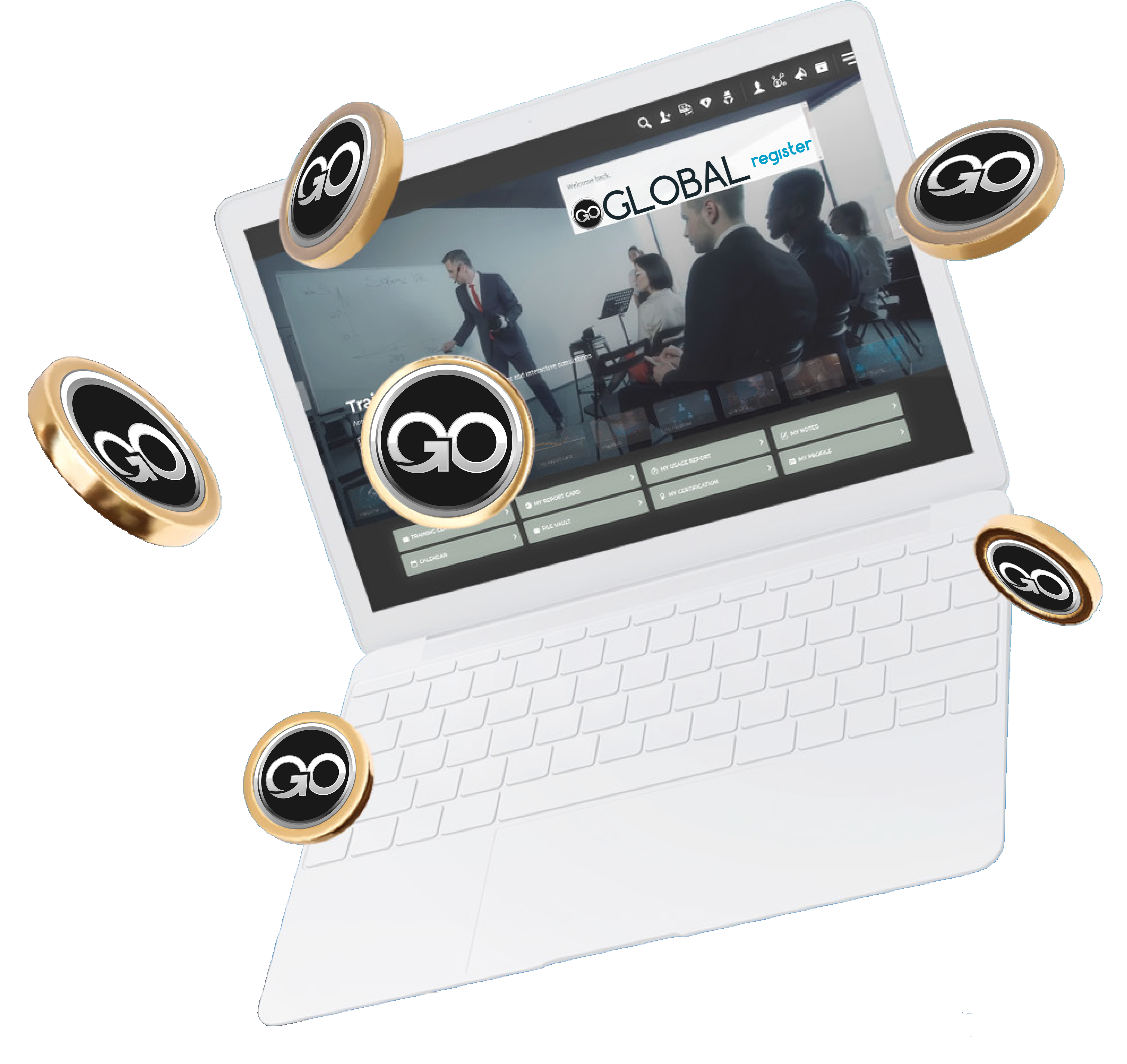 computer coin with logo go goglobal multilevel network